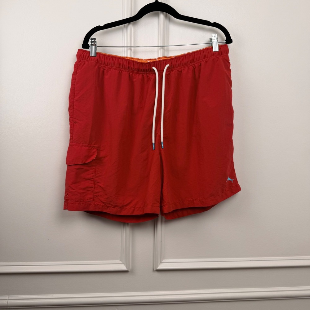Tommy‎ Bahama Mens Red Swim Trunks Marlin Logo Mesh Lined Cargo Pocket Large